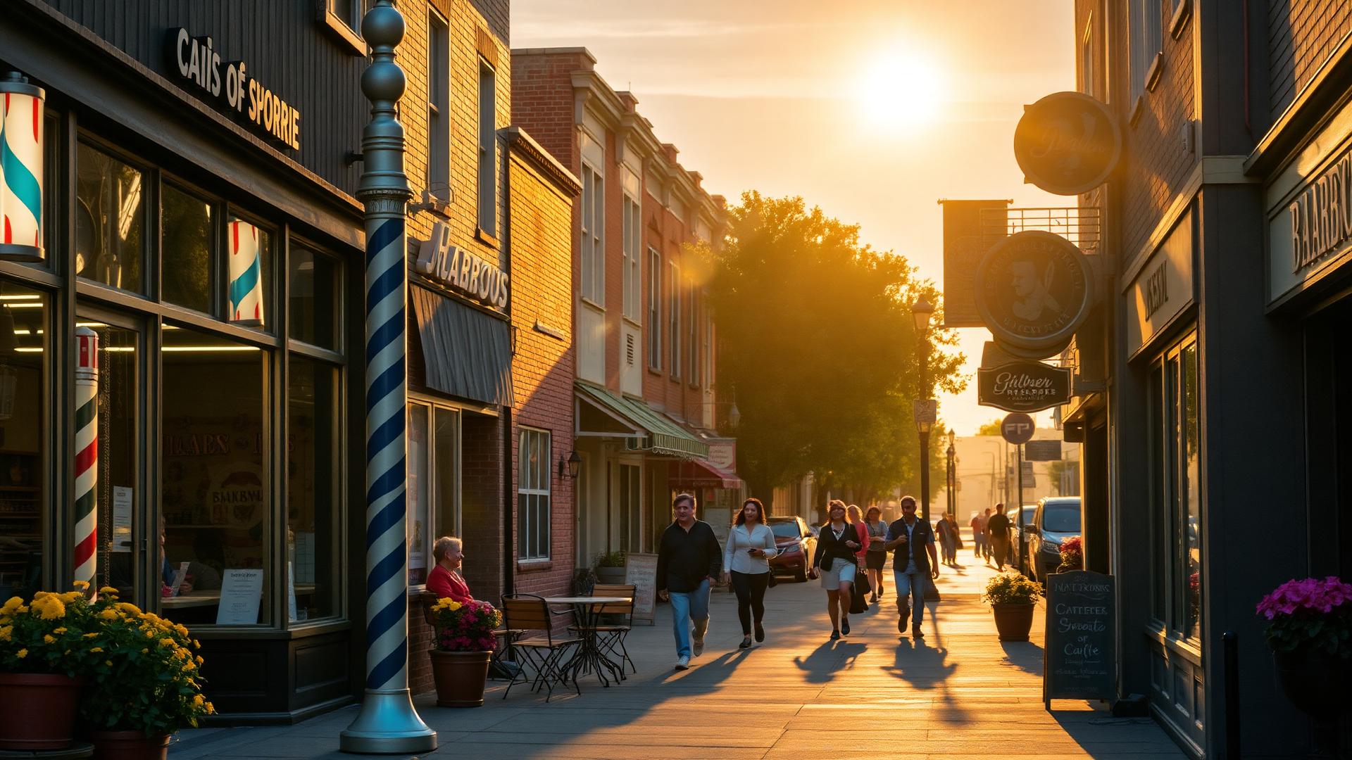 A neighborhood main street with local shops at golden hour